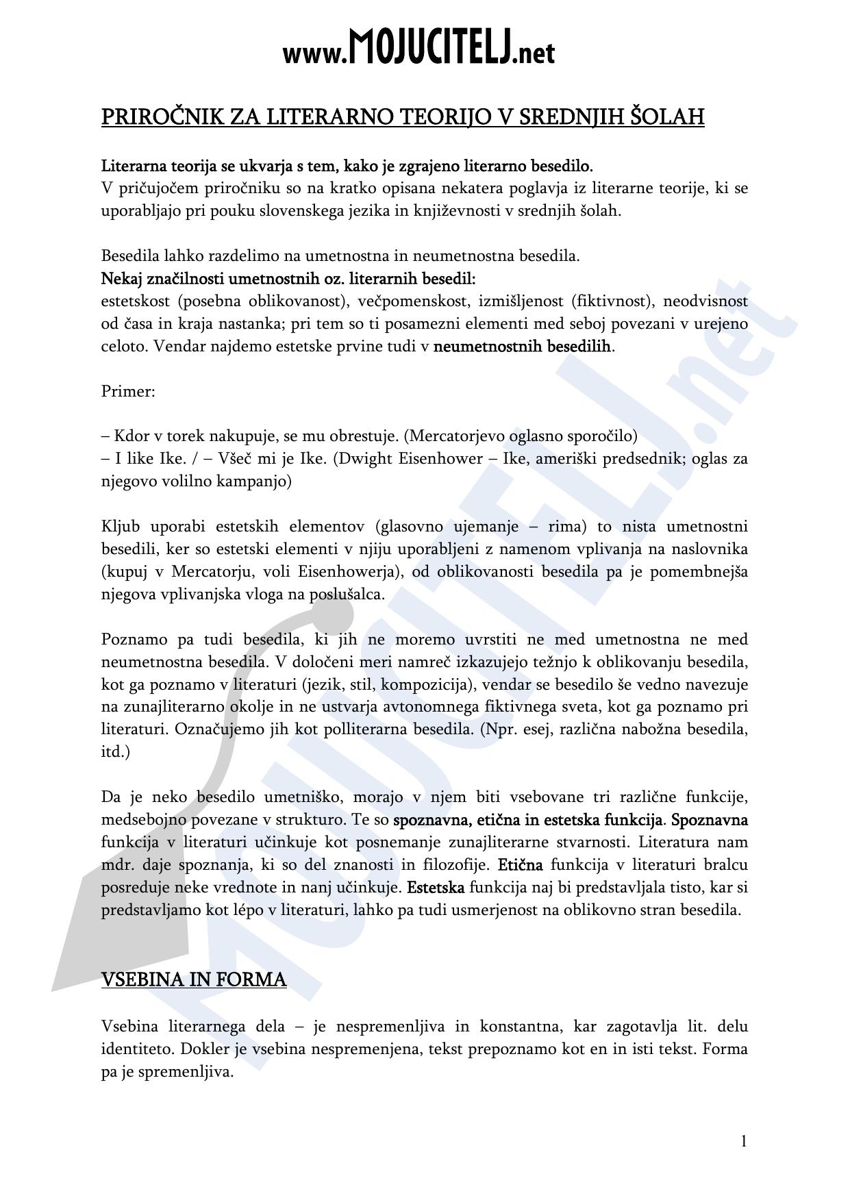 PRIROČNIK ZA LITERARNO TEORIJO V SREDNJIH ŠOLAH